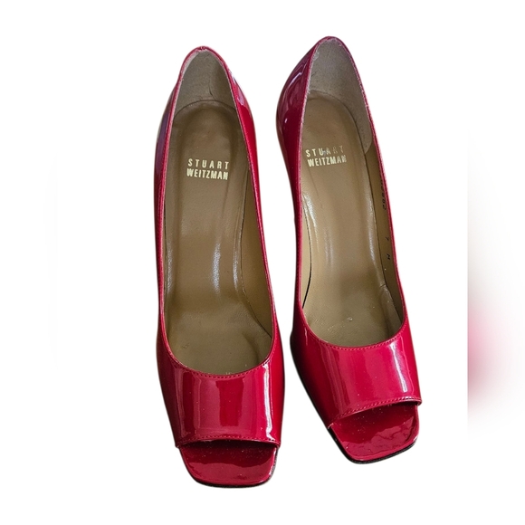 STUART WEITZMAN Designer Quasar Patent Leather Peep-Toe Stiletto Cherry Red.Sz 7 - Picture 14 of 14